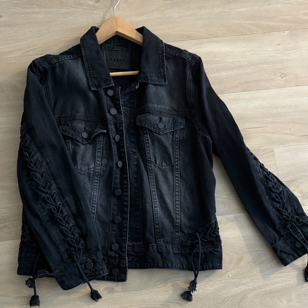 Blank NYC Black denim Jean Jacket with Lace-Up Detail